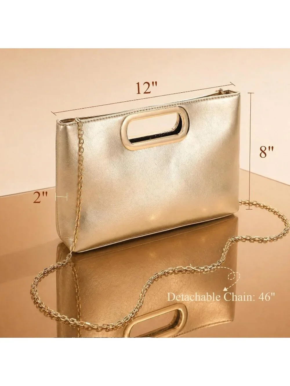 Women Gold Clutch Handbag Modern Faux Leather with Metal Handle Evening Bag